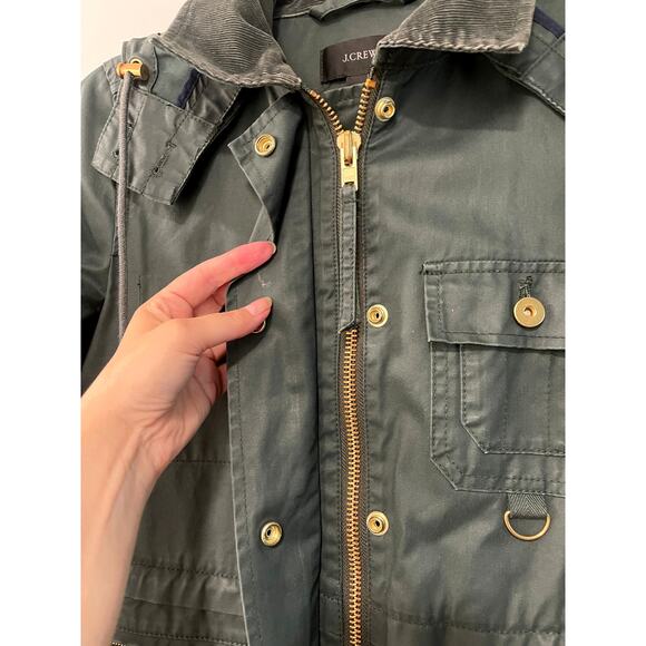 J Crew XS Waxed Cotton Long Military Field Coat Hooded Barn Jacket Army Green - Picture 7 of 13
